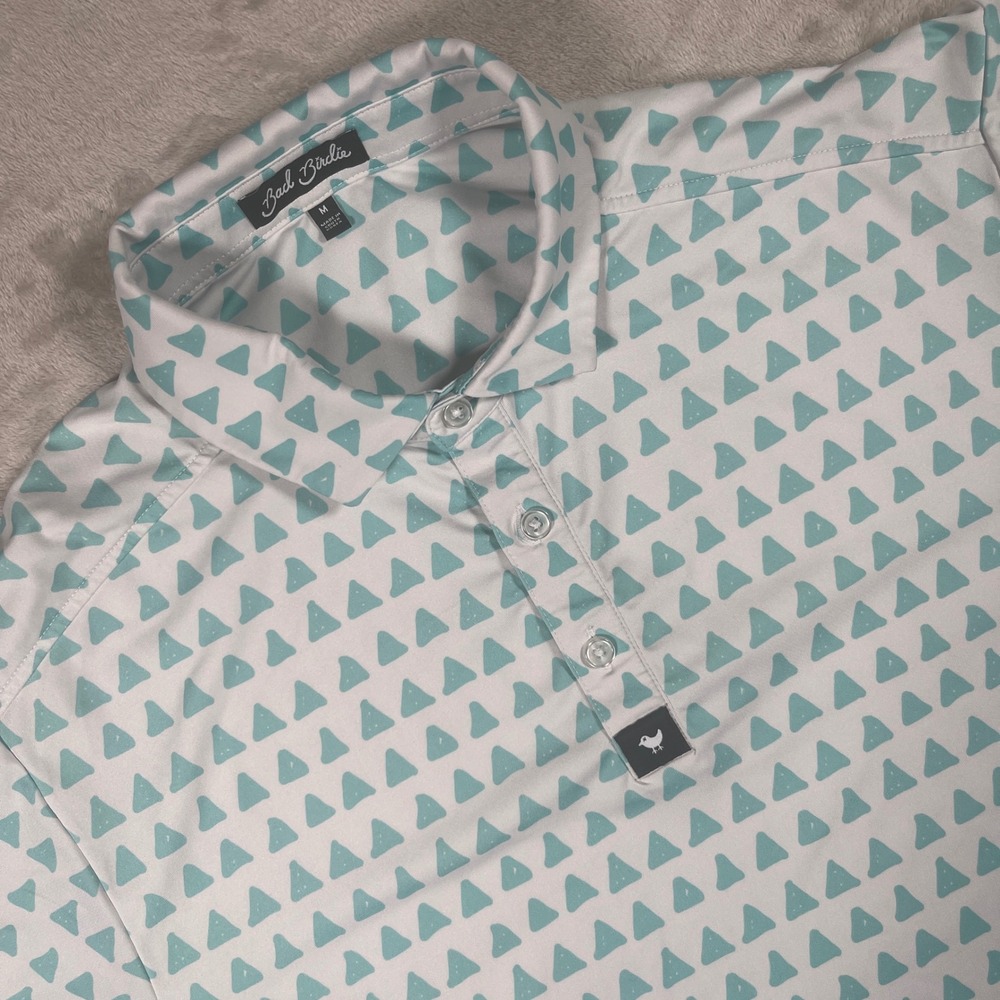 Bad Birdie Polo Shirt Performance Golf Mens Medium White Teal Geometric Triangle